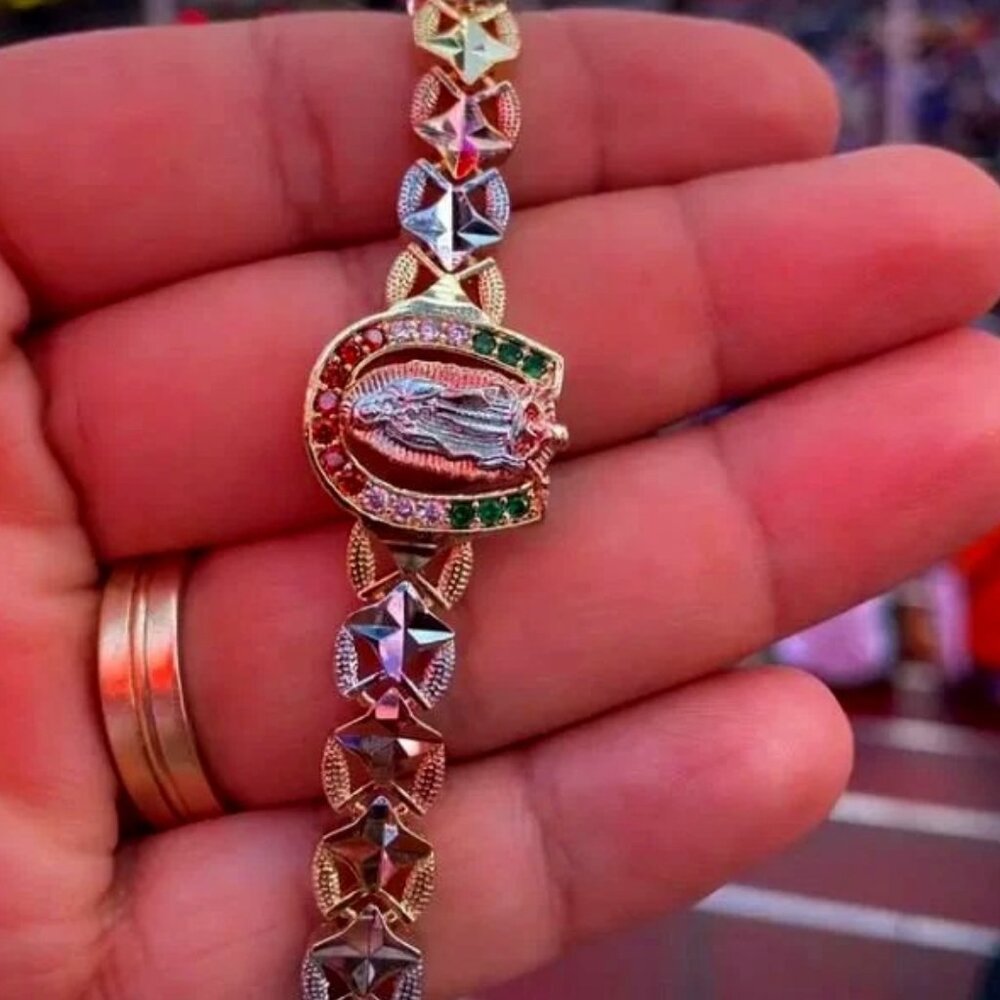 Virgen de Guadalupe Bracelet Green Red Clear CZ Stones Tri Color Gold Filled 7.5